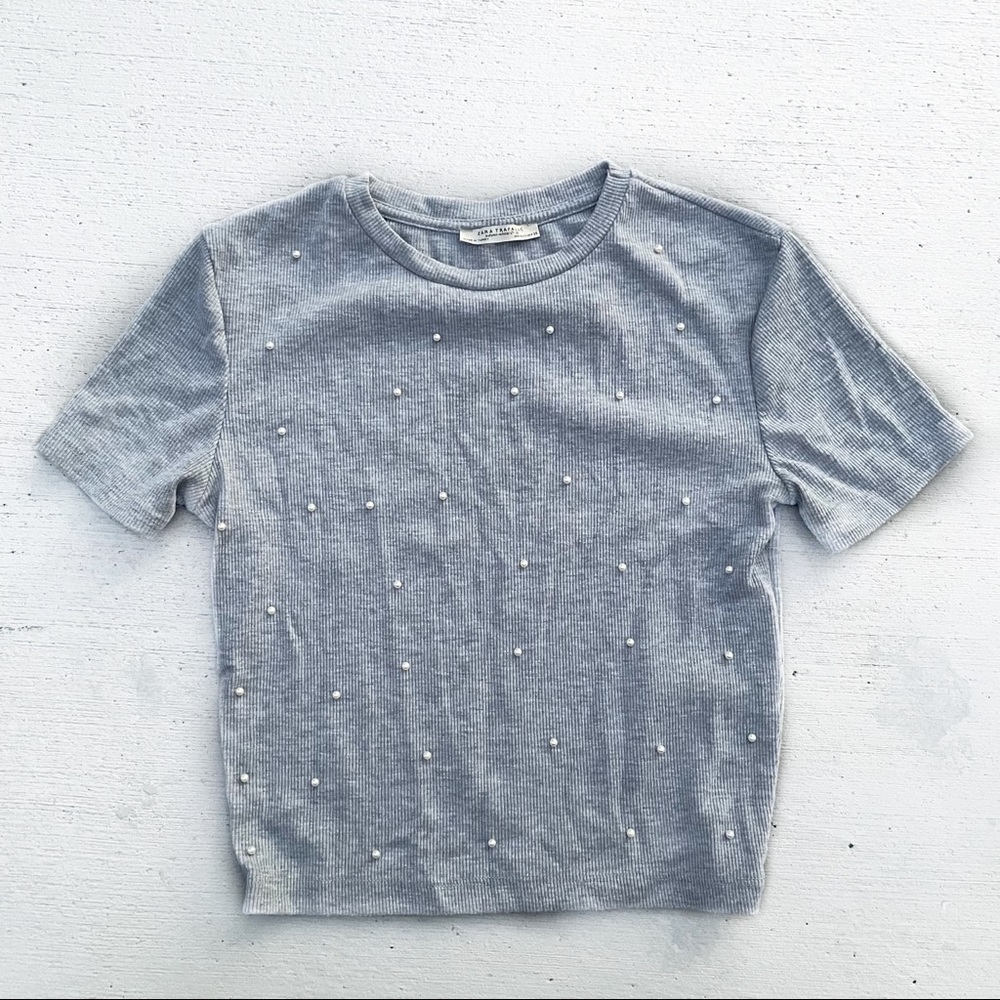 Zara Trafaluc Grey and White Pearl Top, Small